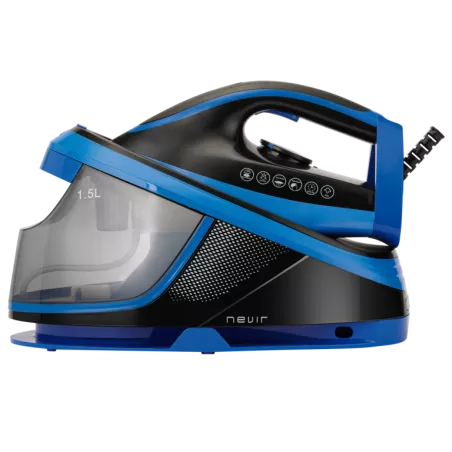 Centro planchado Nevir NVR-3600EP 2200W 1,5L azul y negro con depósito transparente y diseño ergonómico.