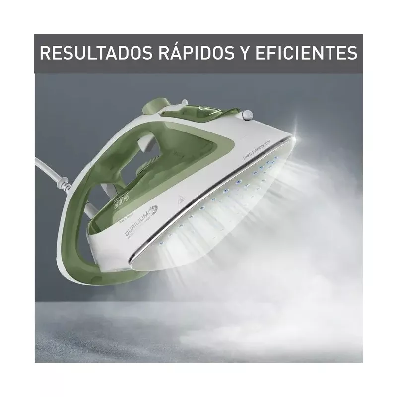 PLANCHA TEFAL FV5781E1 2800W EASYGLISS ECO con acabado en blanco y verde, suela de cerámica y vapor continuo.