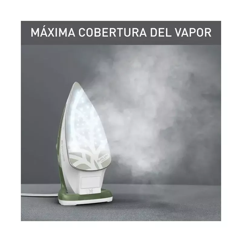 PLANCHA TEFAL FV5781E1 2800W EASYGLISS ECO de color blanco y verde con suela antiadherente y vapor potente.