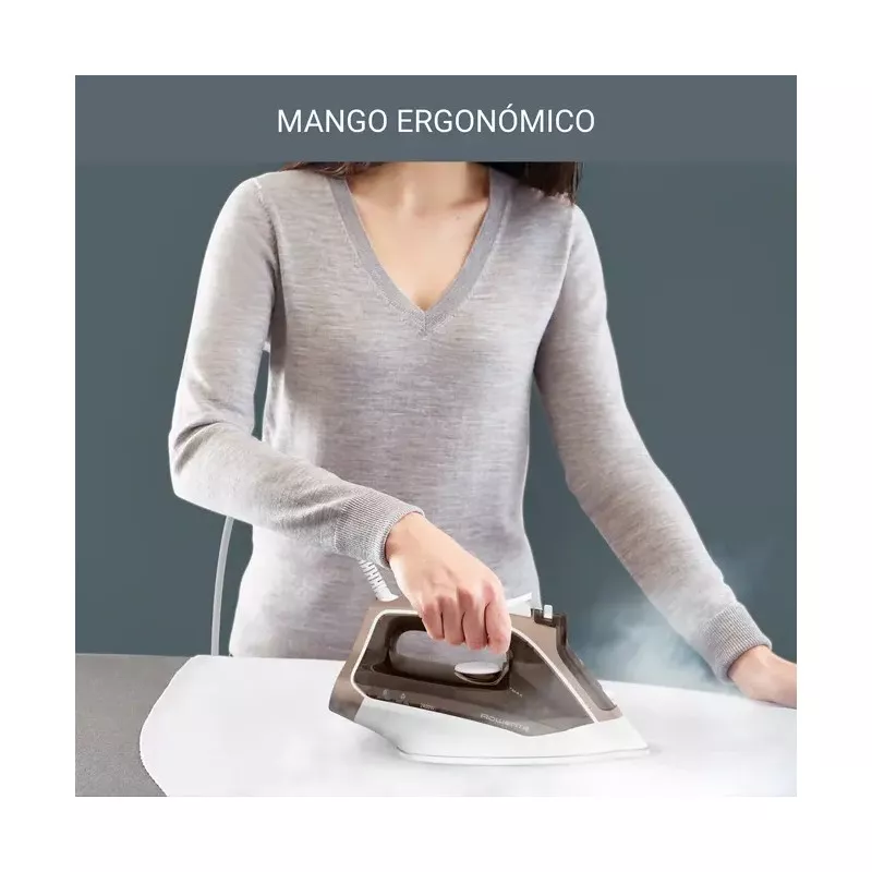 Plancha vapor Rowenta DX1635D1 2400W beige con mango ergonómico y suela de acero inoxidable para un deslizamiento óptimo.