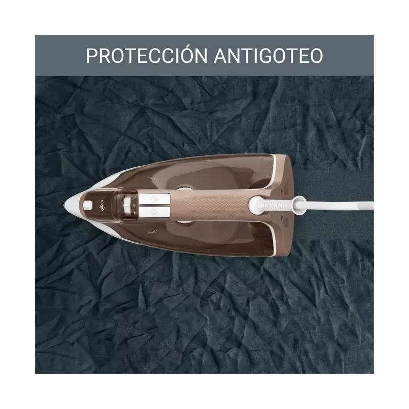 Plancha vapor Rowenta DX1635D1 2400W beige con tecnología antigoteo y suela de cerámica para un planchado eficiente.