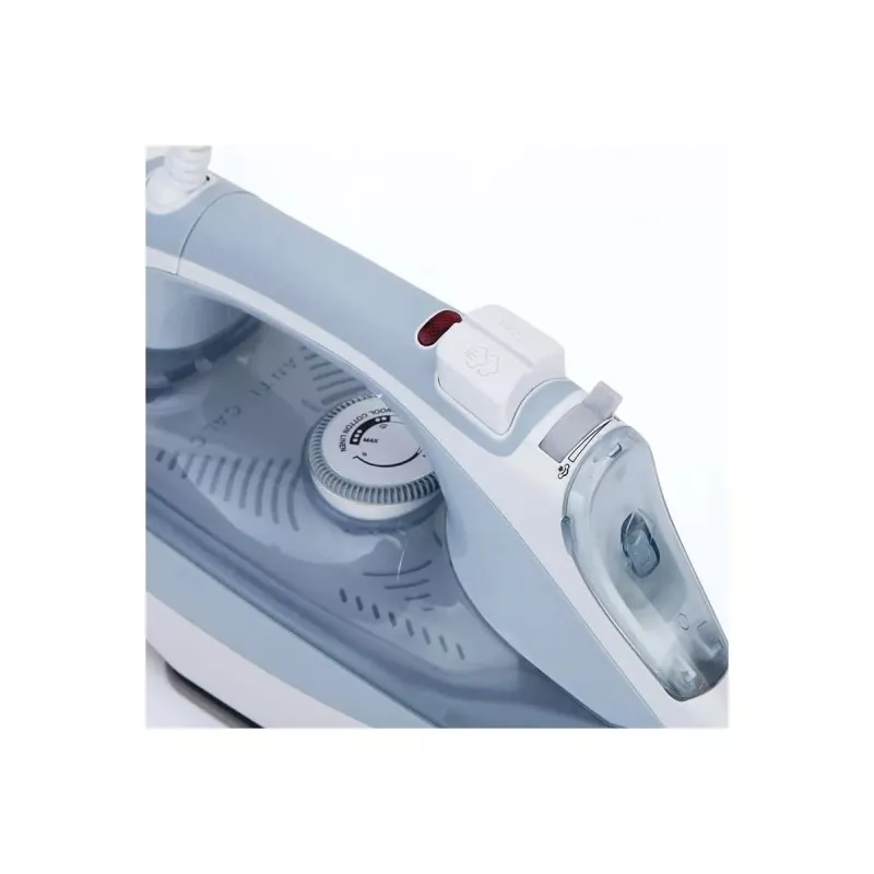 Plancha vapor Jata PL1058C 3000W cerámica en color azul y blanco con detalle de diseño ergonómico y depósitos de agua visibles