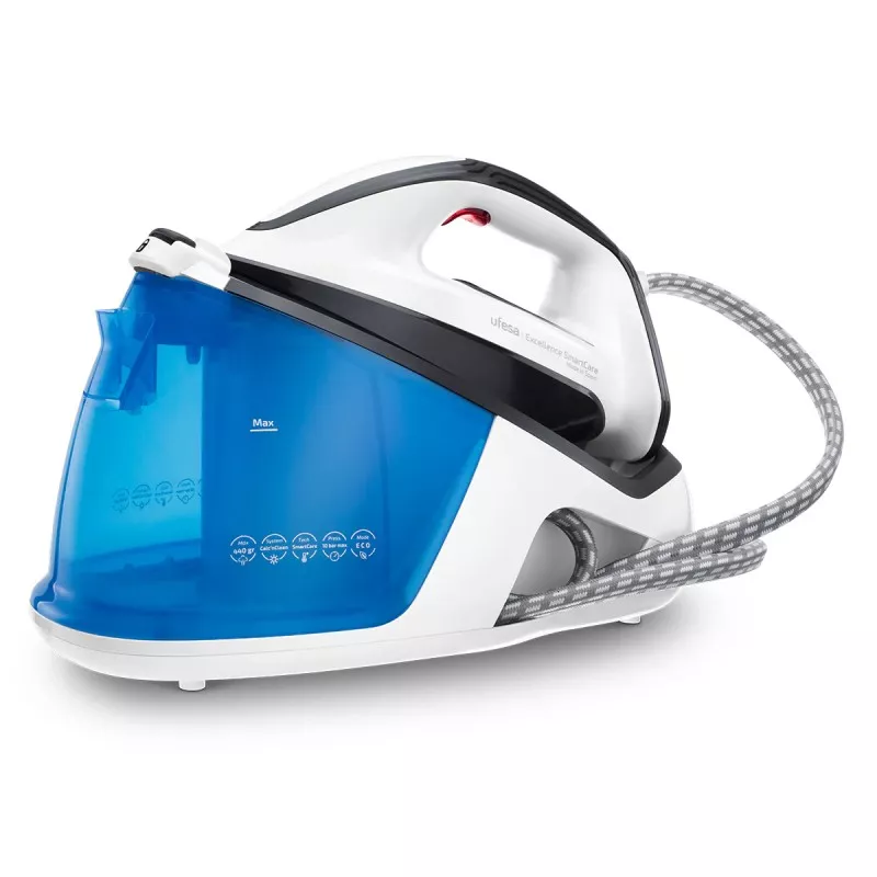Centro Ufesa Excellence SmartCare 10 bar 2400W con diseño ergonómico y acabado en blanco y azul, ideal para planchado eficiente