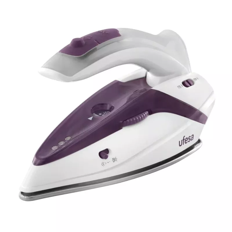 Plancha de viaje Ufesa Perfect Trip 1100 W bivolt, compacta blanca y morada, diseño ergonómico y fácil de usar.