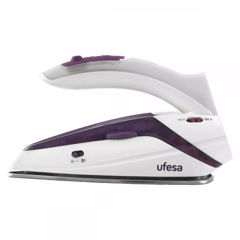 Plancha de viaje Ufesa Perfect Trip 1100 W bivolt en blanco y morado con diseño compacto y base de acero inoxidable.