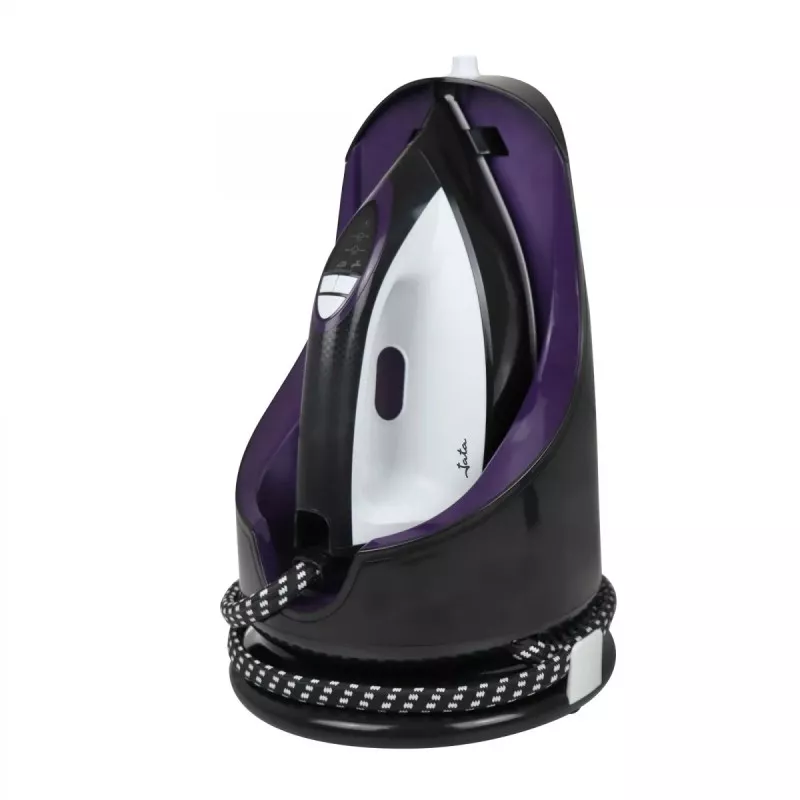 PLANCHA JATA CENTRO JECP 8522 con diseño ergonómico, color negro y morado, suela antiadherente y base de apoyo.