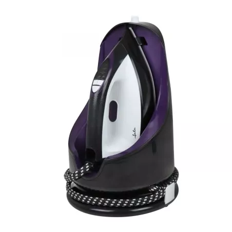 PLANCHA JATA CENTRO JECP 8522 con diseño ergonómico, color negro y morado, suela antiadherente y base de apoyo.