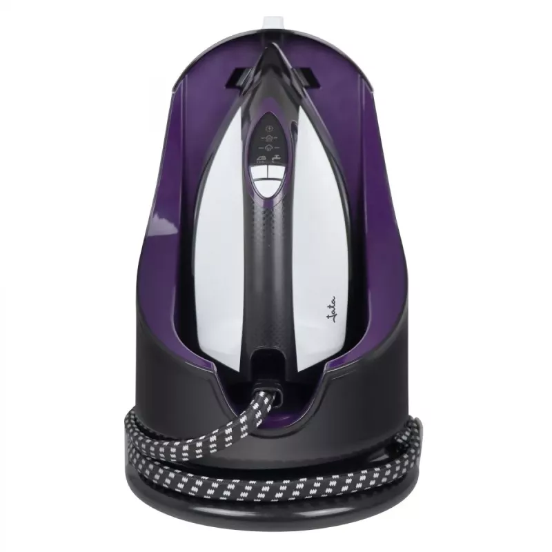PLANCHA JATA CENTRO JECP 8522 de diseño elegante en negro y morado, con suela de cerámica y sistema anti-cal.