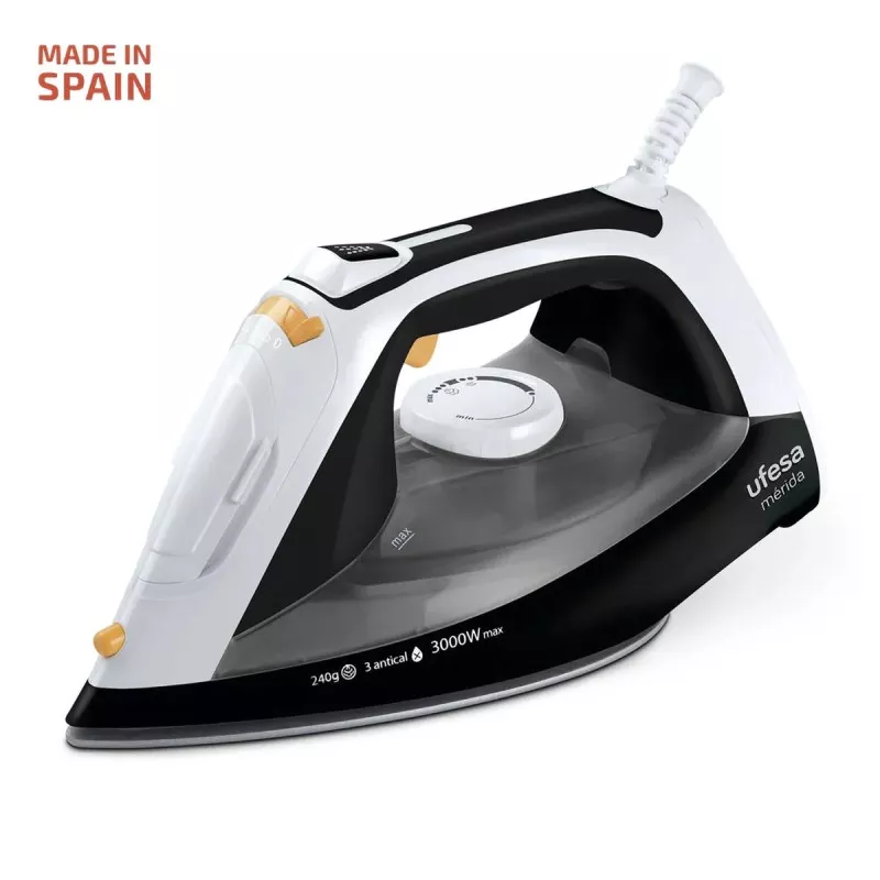 Plancha vapor Ufesa PV3650 Mérida 3000W blanca y negra con suela de cerámica y diseño ergonómico.