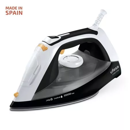 Plancha vapor Ufesa PV3650 Mérida 3000W blanca y negra con suela de cerámica y diseño ergonómico.