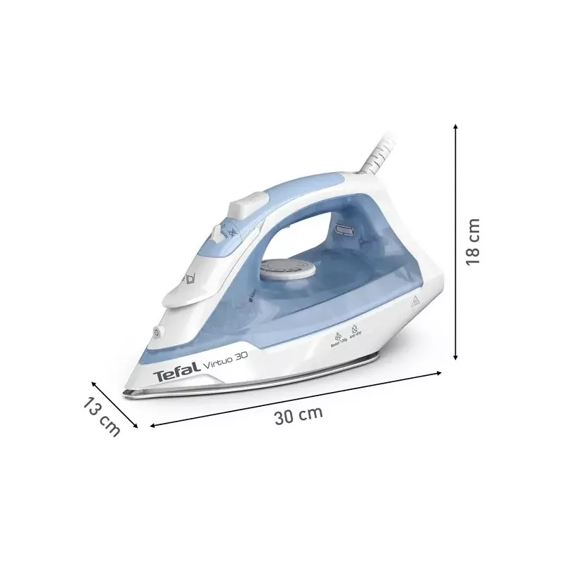 Plancha Tefal Virtuo 30 FV2C41E0 2000W de color blanco y azul con suela antiadherente y diseño ergonómico.