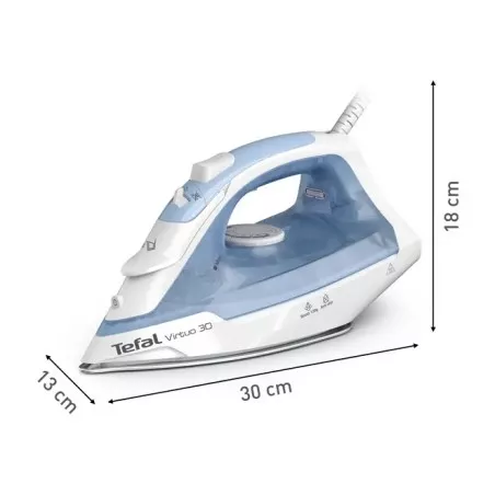 Plancha Tefal Virtuo 30 FV2C41E0 2000W de color blanco y azul con suela antiadherente y diseño ergonómico.