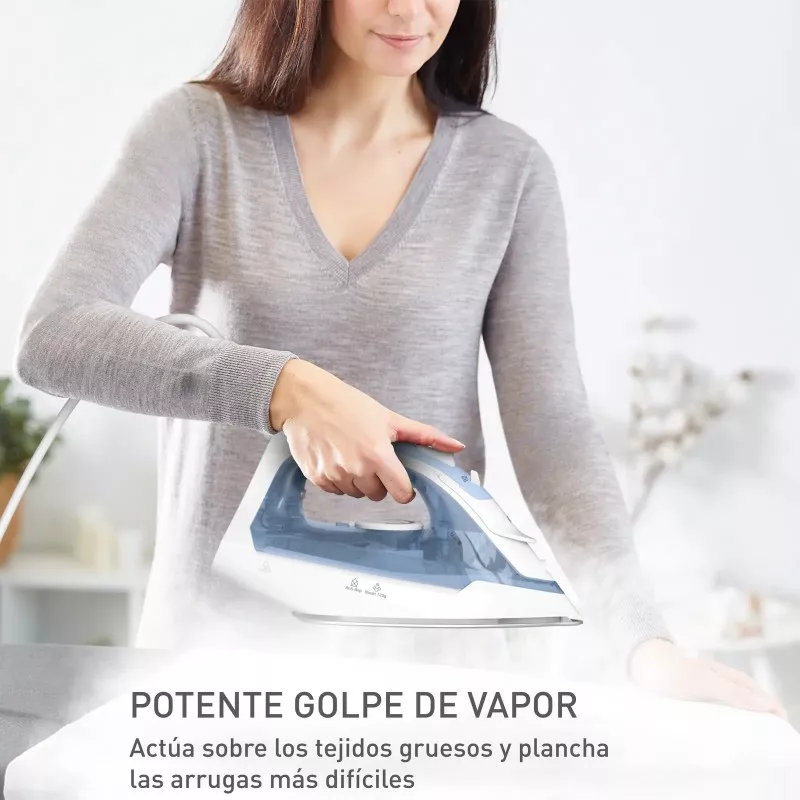 Plancha Tefal Virtuo 30 FV2C41E0 2000W diseño elegante en color azul con suela de cerámica y potente golpe de vapor.