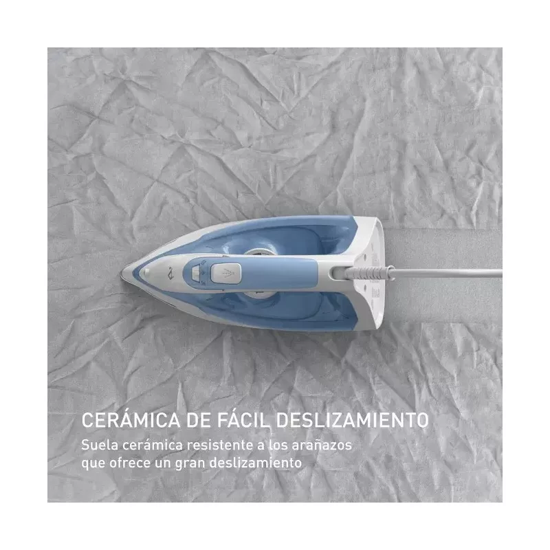Plancha Tefal Virtuo 30 FV2C41E0 2000W color azul, suela de cerámica para fácil deslizamiento y resistencia a rayones.