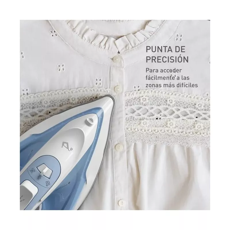 Plancha Tefal Virtuo 30 FV2C41E0 2000W con diseño ergonómico, punta de precisión y acabado en azul y blanco.
