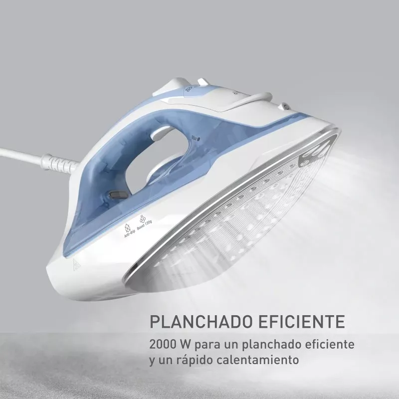 Plancha Tefal Virtuo 30 FV2C41E0 2000W azul y blanca con diseño ergonómico y suela de acero inoxidable.
