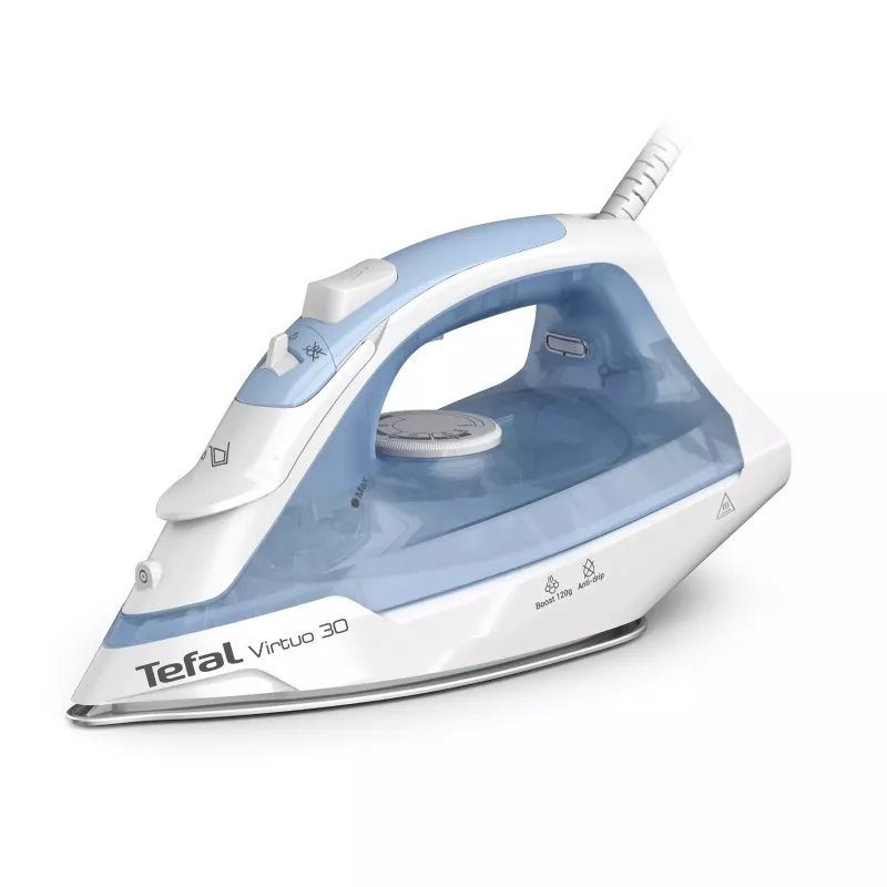 Plancha Tefal Virtuo 30 FV2C41E0 2000W blanca y azul, diseño ergonómico y suela antiadherente para un planchado eficiente
