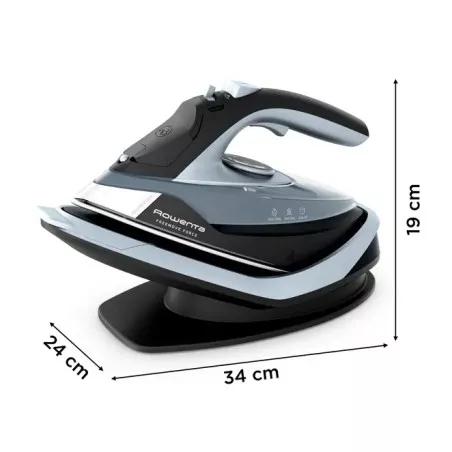 PLANCHA ROWENTA FREE MOVE DE6725D1 de 2400W en color azul y negro, con suela de cerámica y diseño ergonómico.