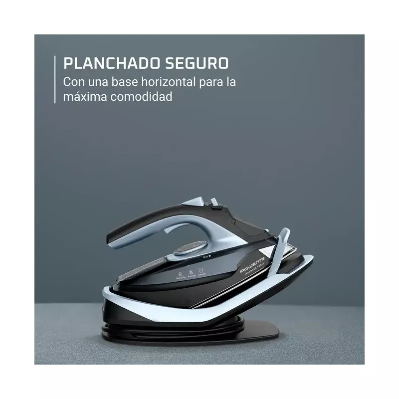 PLANCHA ROWENTA FREE MOVE DE6725D1 en color negro y azul, base horizontal para un planchado seguro y cómodo