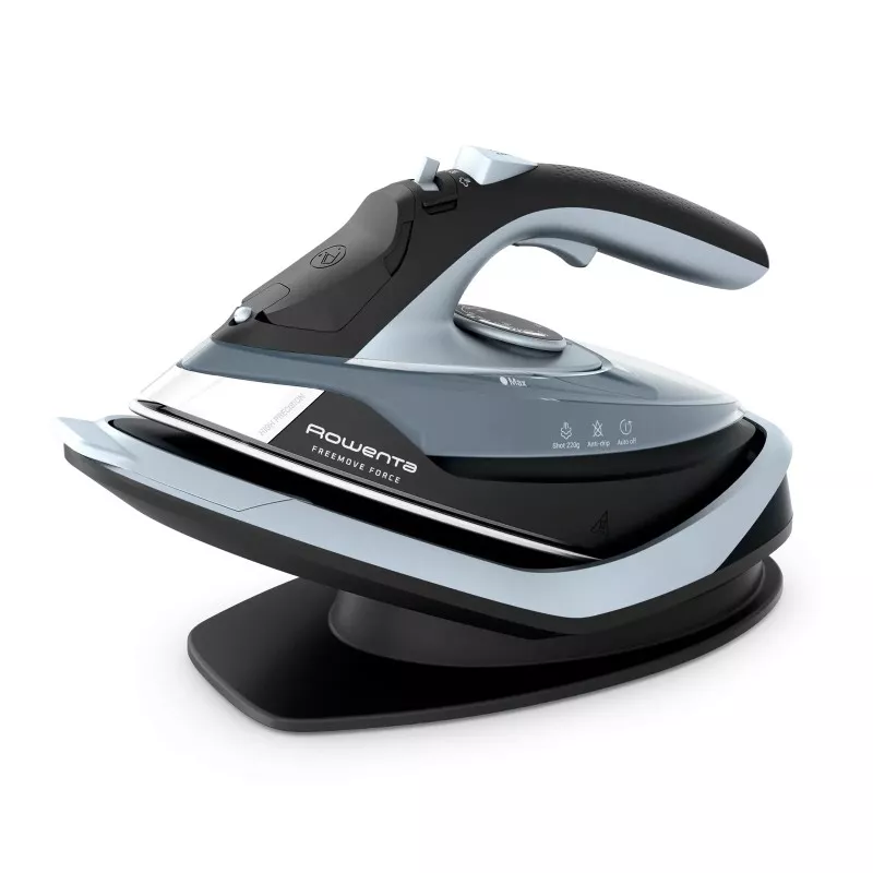 PLANCHA ROWENTA FREE MOVE DE6725D1 inalámbrica en color azul y negro con suela de cerámica y diseño ergonómico.