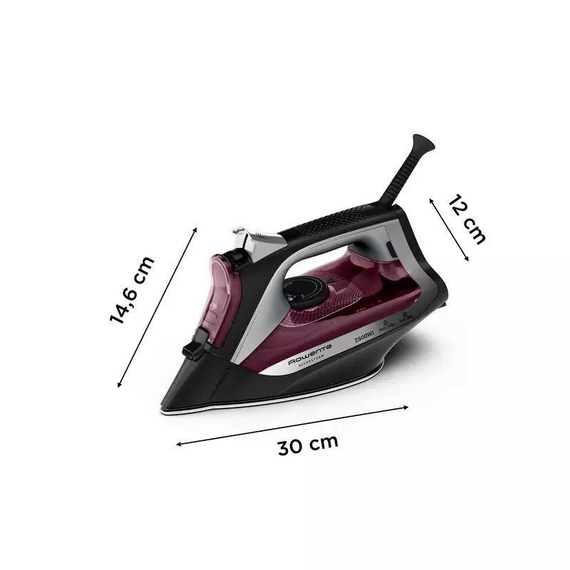 Plancha Rowenta DW4348 Accessteam 2500W negro y morado con suela de acero inoxidable y vapor vertical.