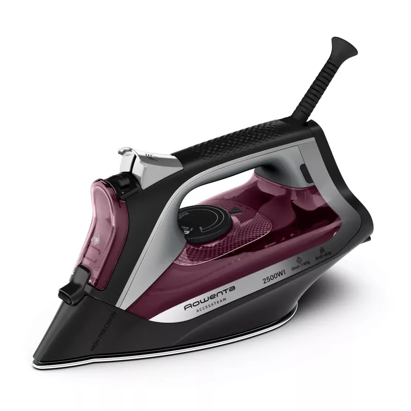 Plancha Rowenta DW4348 Accessteam 2500W de color negro y morado con suela de cerámica y diseño ergonómico.