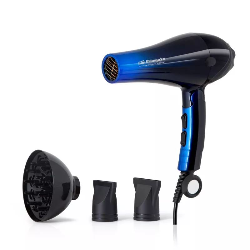 Secador de pelo plegable Orbegozo SE 2085 2000-2200 W azul brillante con difusor y boquillas concentradoras.