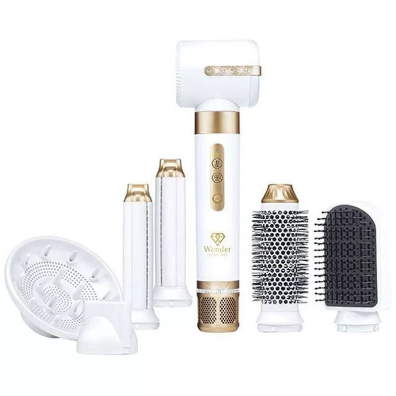 Estilizador de pelo TM Electron TMHD300 Wonder Diamond 7 en 1 color blanco con acabados dorados y múltiples accesorios intercamb