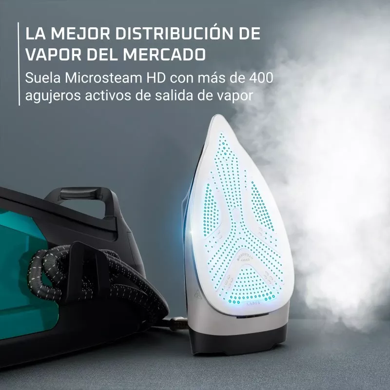 PLANCHA ROWENTA CENTRO DG8627FO 7,2 BAR con suela Microsteam HD y más de 400 agujeros de salida de vapor blancos y azul claro