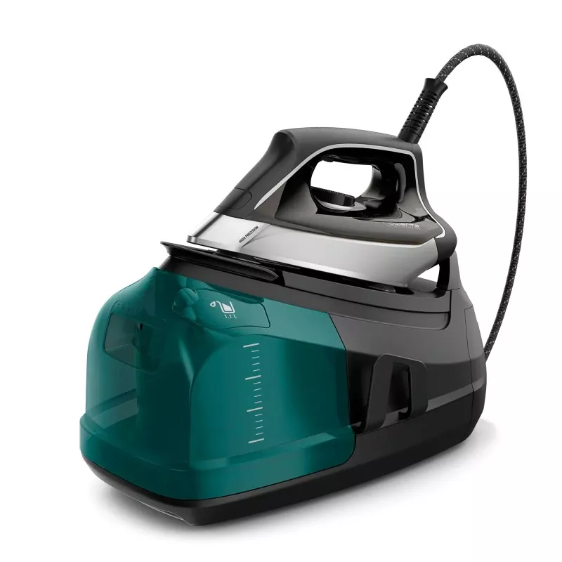 PLANCHA ROWENTA CENTRO DG8627FO 7,2 BAR en negro y verde, con diseño ergonómico y tanque de agua extraíble.