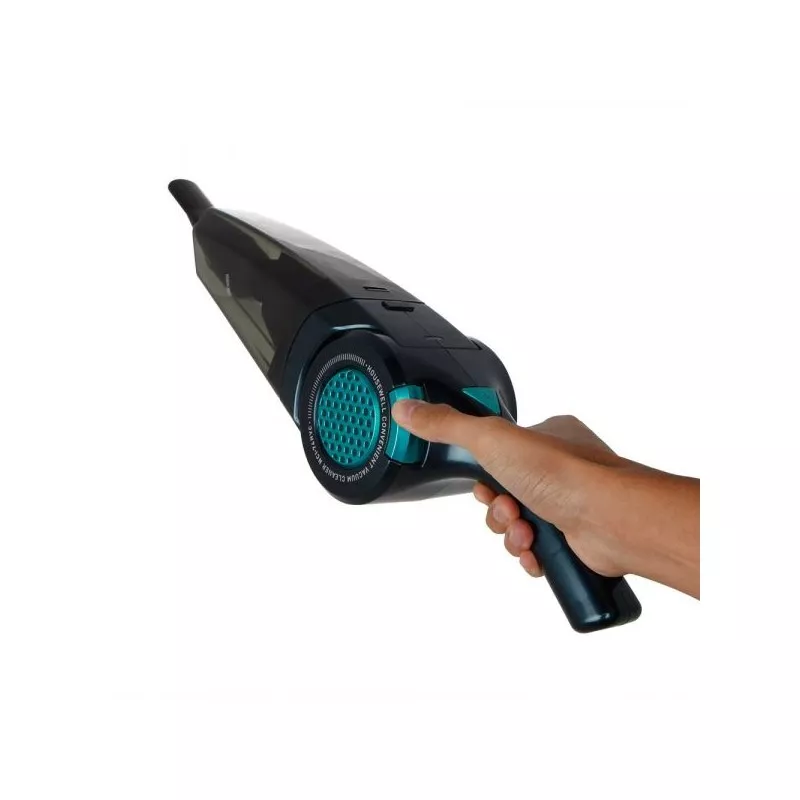 Aspirador de mano Orbegozo AP 1500 – 7,4 V litio negro y azul con diseño ergonómico y depósito transparente.