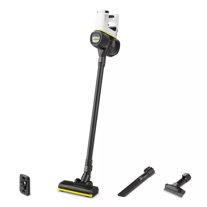 Aspirador escoba sin cable Kärcher VC 4 Cordless myHome negro con diseño ergonómico y accesorios para limpieza versátil.