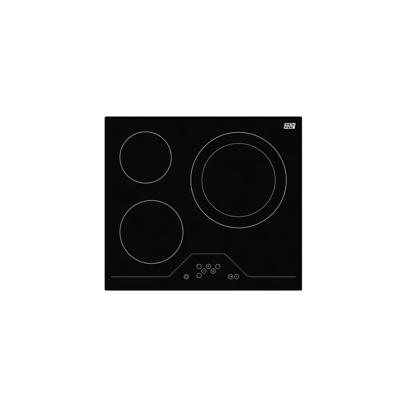 Placa vitrocerámica New Pol NWVT3Z 3 zonas 5700 W en color negro con diseño moderno y superficie de vidrio templado.