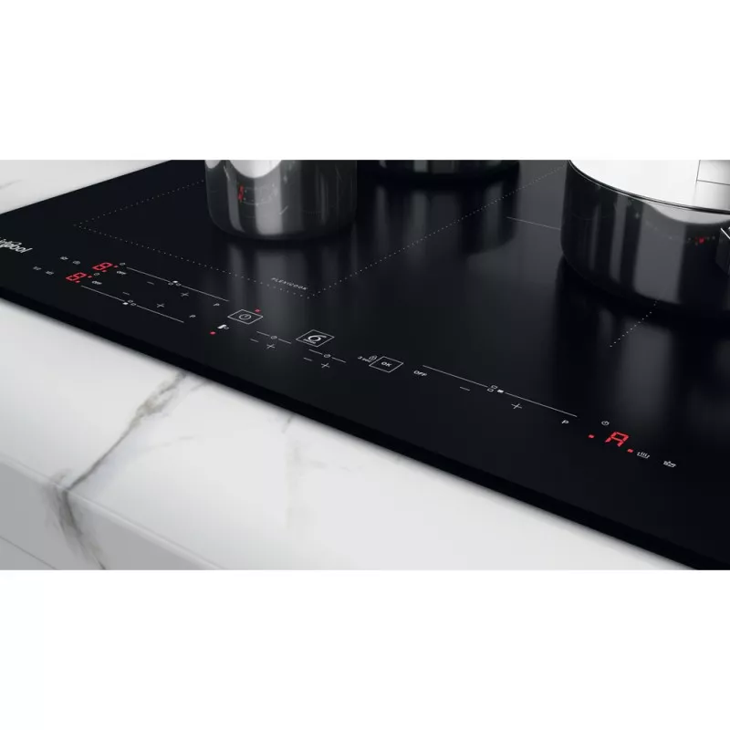 Placa de inducción Whirlpool WL B2760 BF Flex 3 zonas negra con controles táctiles y diseño elegante en vitrocerámica.