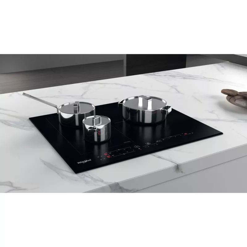Placa de inducción Whirlpool WL B2760 BF Flex 3 zonas de vidrio negro, diseño elegante y funcional con controles integrados.