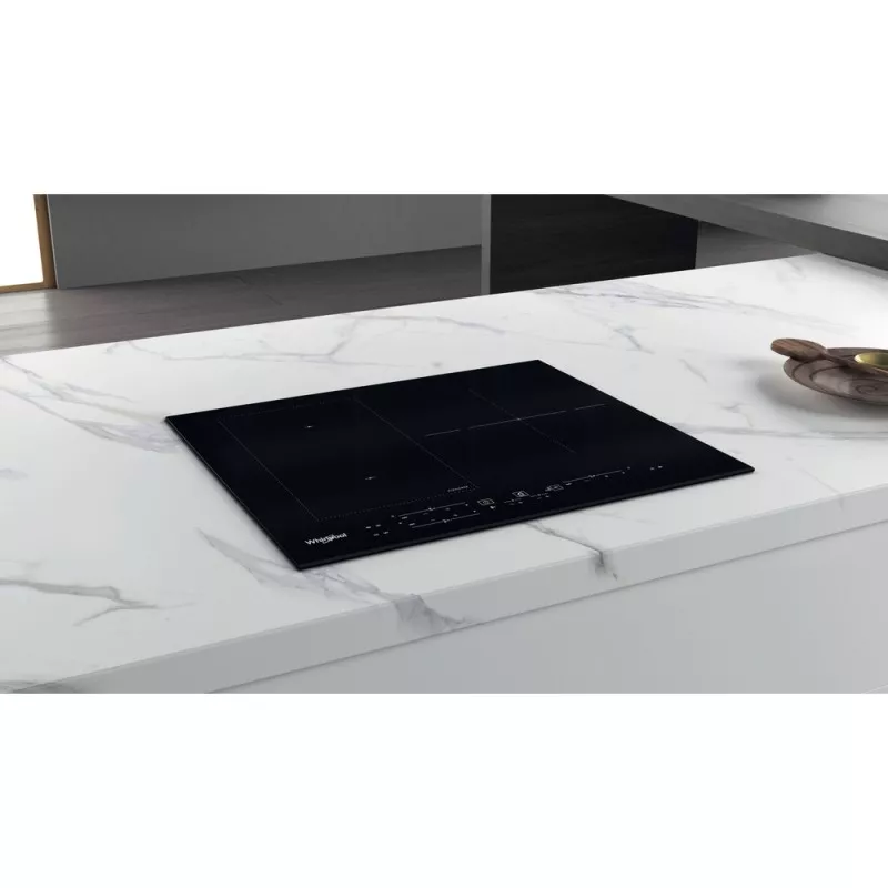 Placa de inducción Whirlpool WL B2760 BF Flex 3 zonas negra con diseño elegante y acabado vitrocerámico.