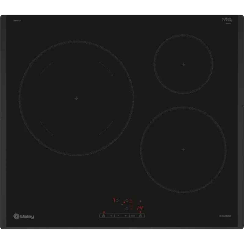 Placa de inducción Balay 3EB965LR 3 zonas 7400 W en color negro con superficie de cristal vitrocerámico elegante.