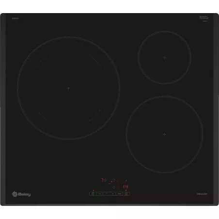 Placa de inducción Balay 3EB965LR 3 zonas 7400 W en color negro con superficie de cristal vitrocerámico elegante.