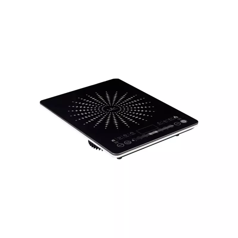 Placa de inducción portátil Jata VIN145 2100 W de color negro con diseño compacto y superficie de cristal fácil de limpiar.