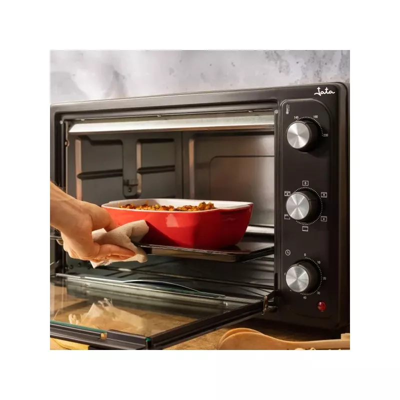 Horno de sobremesa Jata HN945 45 L con convección negro de diseño moderno y controles analógicos para una cocción precisa.