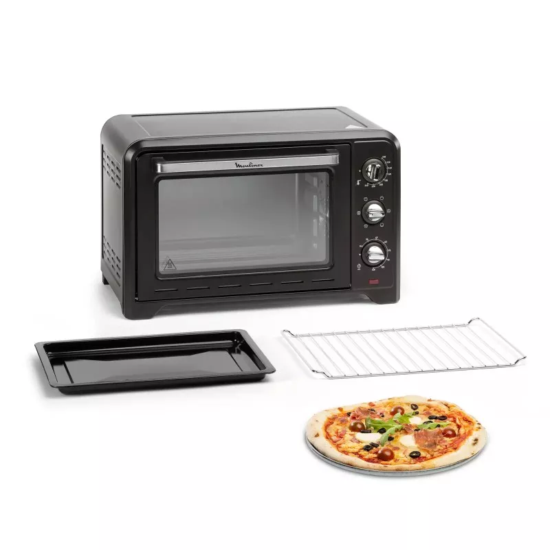Horno Moulinex Optimo OX464810 33 L con convección negro, incluye bandeja y grill, diseño compacto y eficiente.