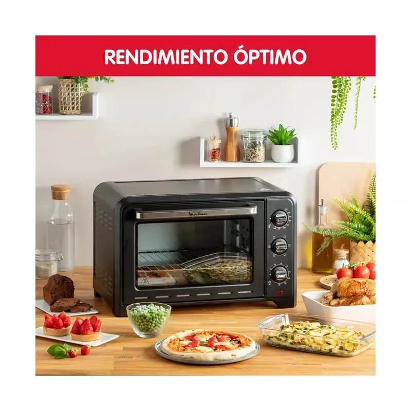 Horno Moulinex Optimo OX464810 33 L con convección negro, diseño compacto y controles analógicos para cocinar.