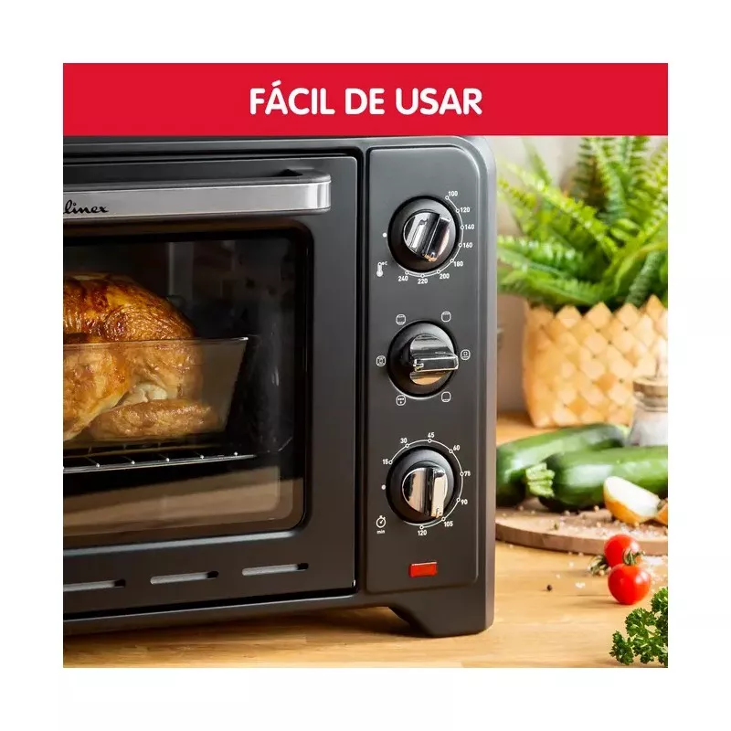 Horno Moulinex Optimo OX464810 33 L con convección color negro, diseño compacto, fácil manejo y controles mecánicos.