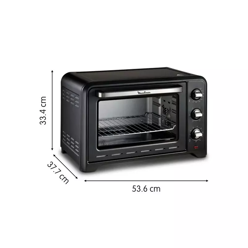 Horno Moulinex Optimo OX464810 33 L con convección negro y diseño compacto con parrilla y control mecánico.