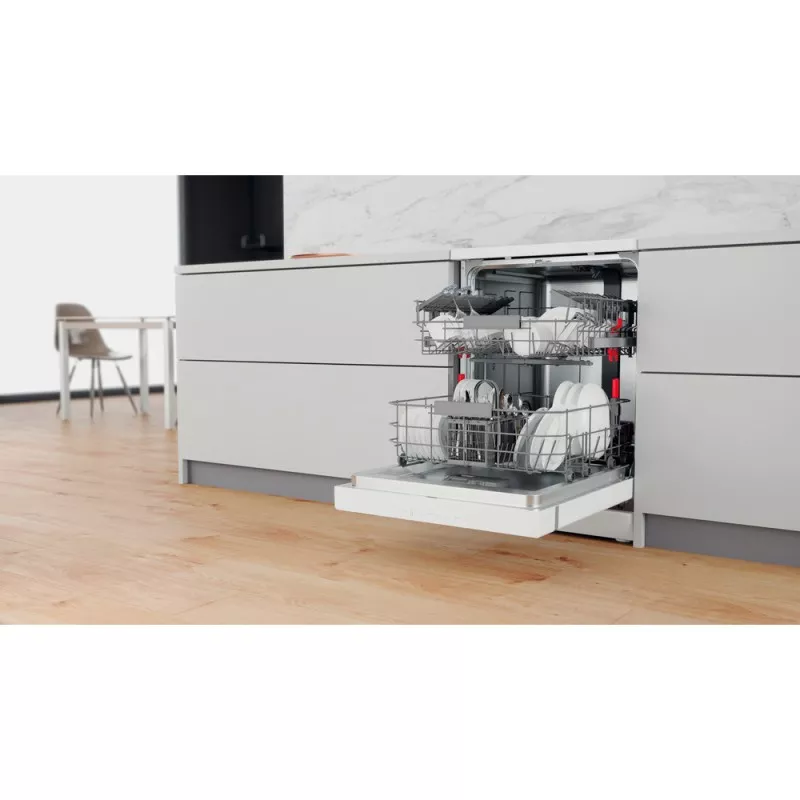Lavavajillas Whirlpool WFC 3C34 P 14 servicios blanco con diseño integrado y cesto ajustable para platos y utensilios.