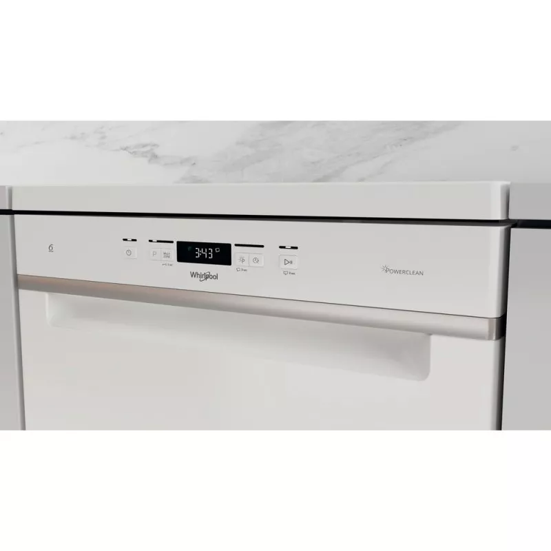 Lavavajillas Whirlpool WFC 3C34 P 14 servicios blanco, diseño moderno, acabado en acero inoxidable y panel de control digital.