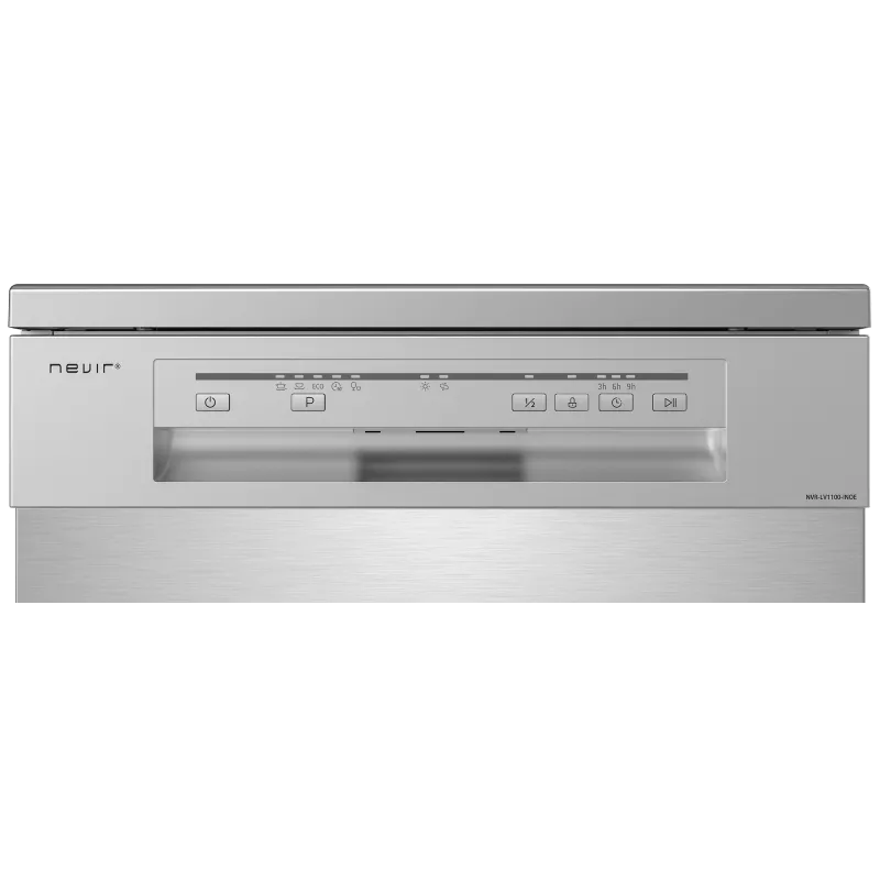 Lavavajillas Nevir NVR-LV1100-INOE 12 servicios inox con diseño integrado y acabado en acero inoxidable brillante.
