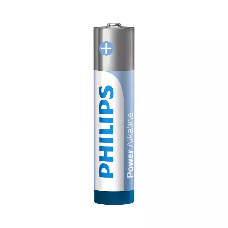 PILA ALCALINA LR03 PHI PHILIPS E*4 color plata con diseño cilíndrico, ideal para dispositivos electrónicos.