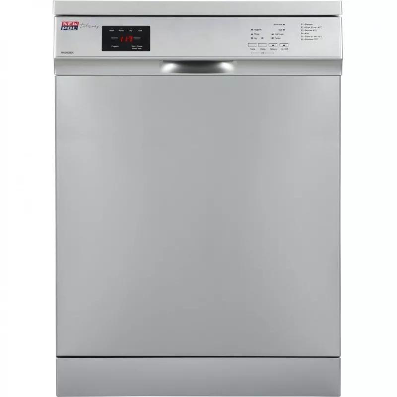 Lavavajillas New Pol NW3605DX 13 servicios con acabado inox y 3ª bandeja para utensilios de cocina.