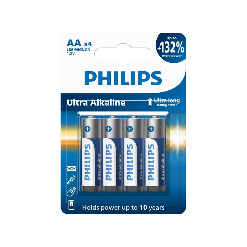 PILA ALCALINA LR6 PHI PHILIPS E*4 de 1.5V, paquete con cuatro pilas de larga duración y diseño compacto.